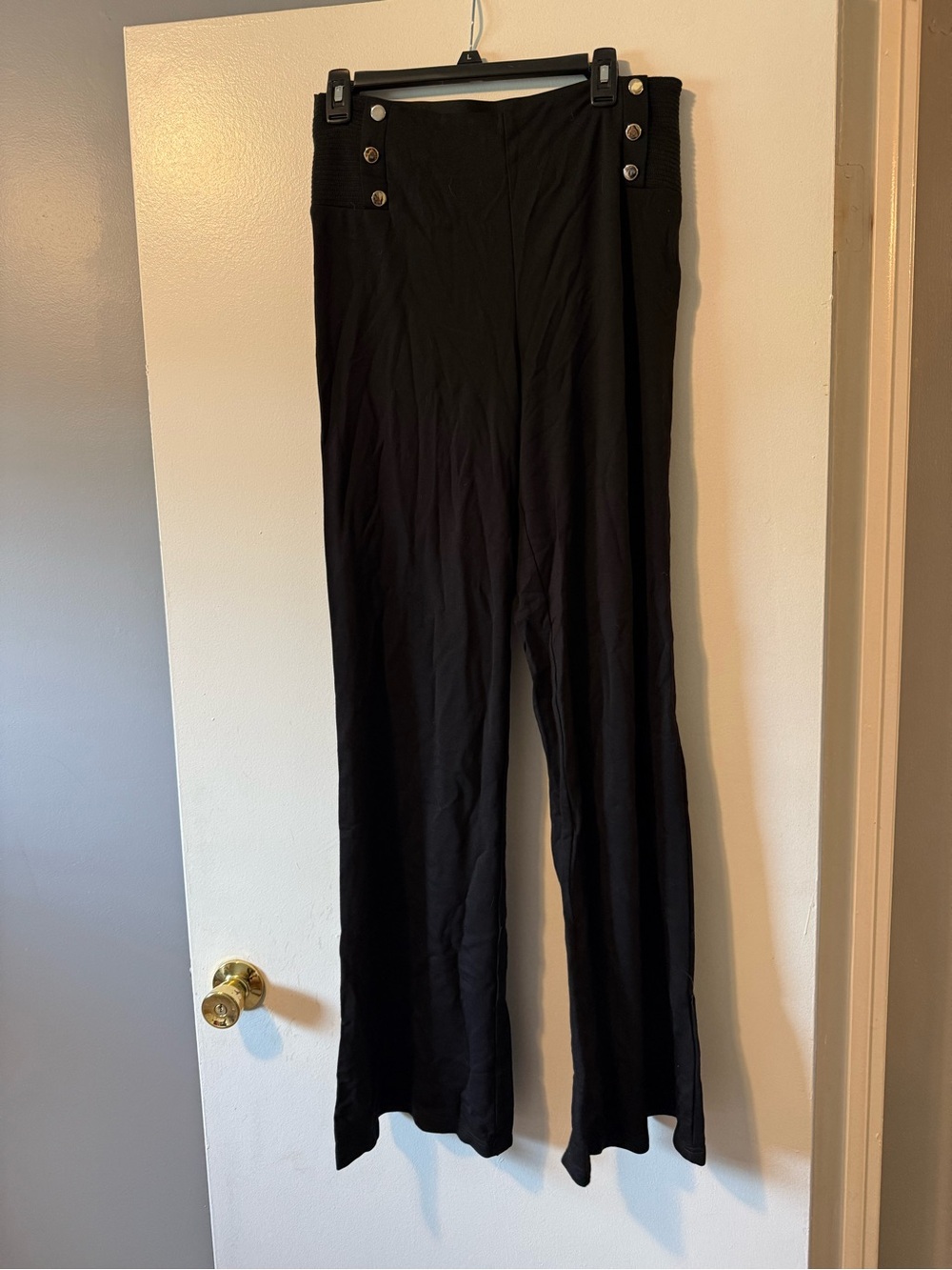 Suzanne Betro Black Wide Leg Pants with Button Detail